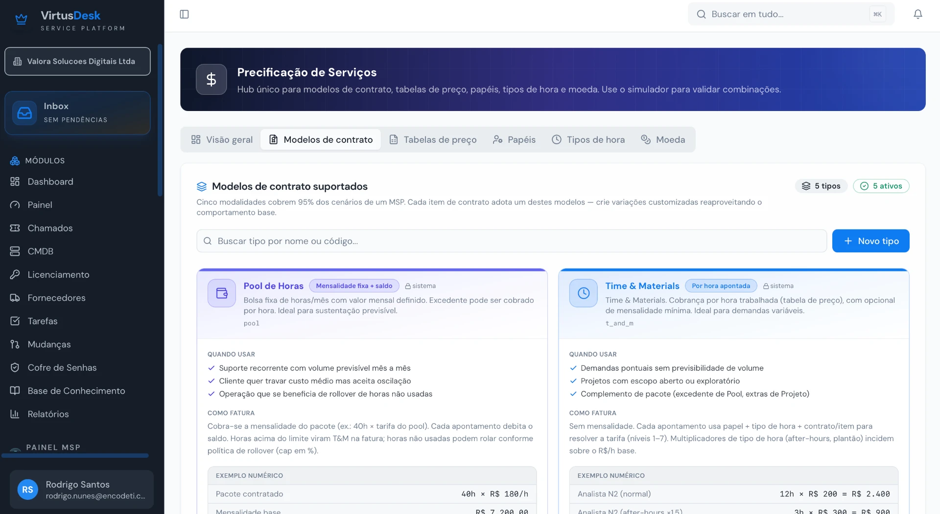 Interface do ValoraDesk exibindo o hub de precificação de serviços
